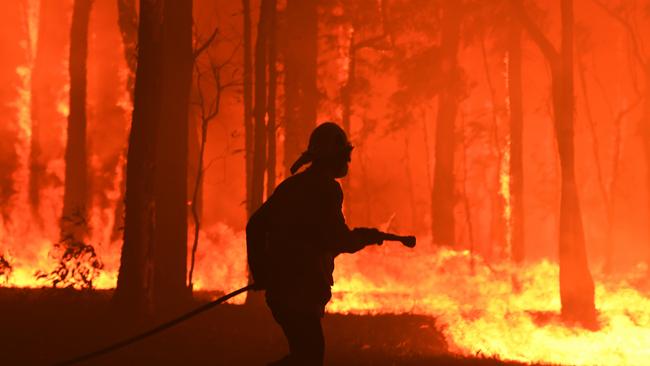 RFS volunteers and NSW Fire and Rescue officers at the scene of the Gospers Mountain fire. Picture: AAP