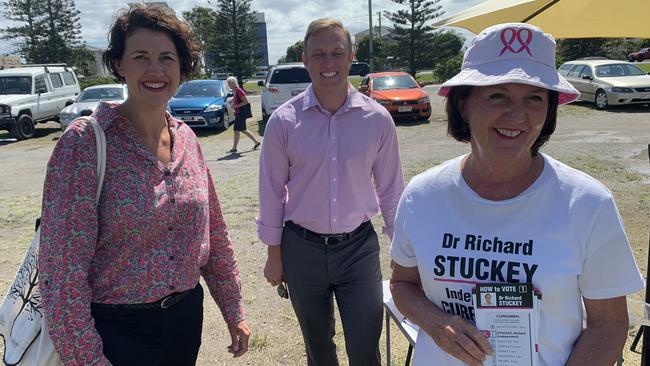 Labor Currumbin candidate Kaylee Campradt, Deputy Premier Steven Miles and former Currumbin LNP MP Jann Stuckey. Photo: Steven Miles / Twitter