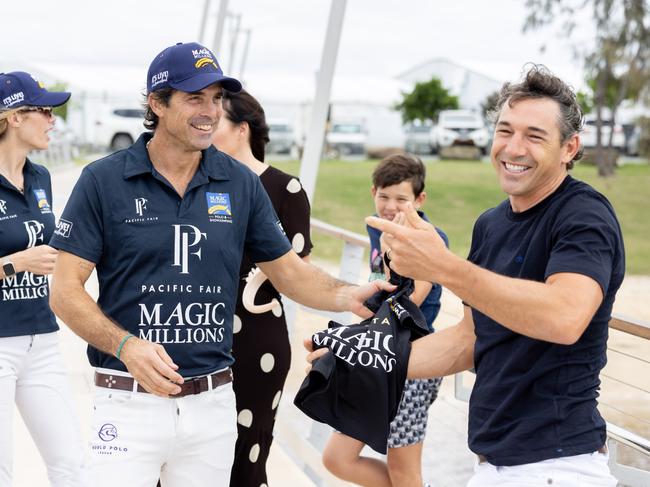 The dirty tricks have already begun … as Slater discovered when he pulled out his supplied (and very small) Magic Millions shirt. Picture: Luke Marsden