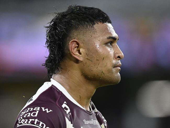 TOWNSVILLE, AUSTRALIA - JULY 06: Haumole Olakau'atu of the Sea Eagles looks on during the round 18 NRL match between North Queensland Cowboys and Manly Sea Eagles at Qld Country Bank Stadium, on July 06, 2024, in Townsville, Australia. (Photo by Ian Hitchcock/Getty Images)