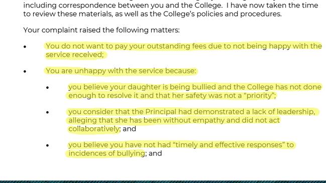 The school’s response outlining Mr Martin’s concerns which it dismissed without interviewing him or his daughter.