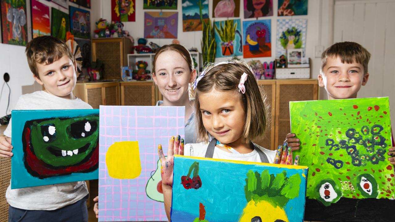 Showing their work are (from left) Traeger Avery, Abby Wilson, Skye Middleton-Kailola and Alfie Benventi after holiday kids workshops at Tinker. Picture: Kevin Farmer