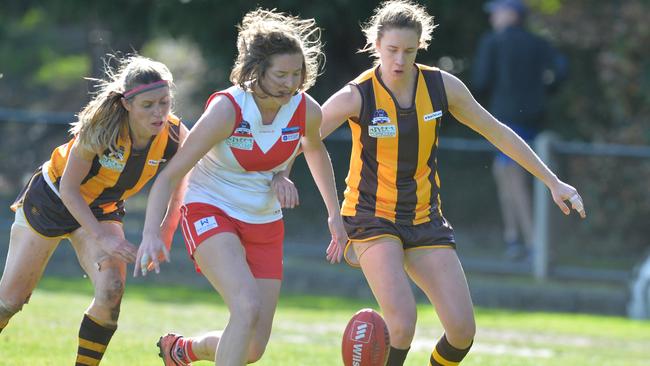 Hawthorn and South Melbourne Districts do battle in VAFA Women’s. Picture: Chris Eastman.