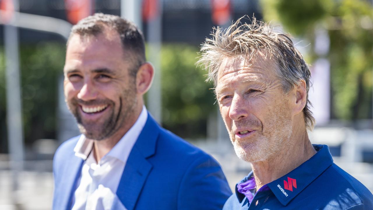 Melbourne Storm legend Cameron Smith with Craig Bellamy. Picture: Jake Nowakowski