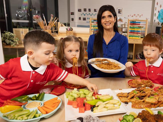 Chief Nutrition Officer Mandy Sacher and students having lunch at the MindChamps Preschool in Mascot. Picture: Chris Pavlich