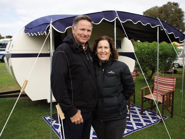 Brett Boardman and wife Gayelene with their 1938 Hawthorn caravan.