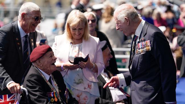 King Charles III meets a D-Day veteran following the UK's national commemorative event for the 80th anniversary of D-Day, in Portsmouth, England. Picture: Getty Images