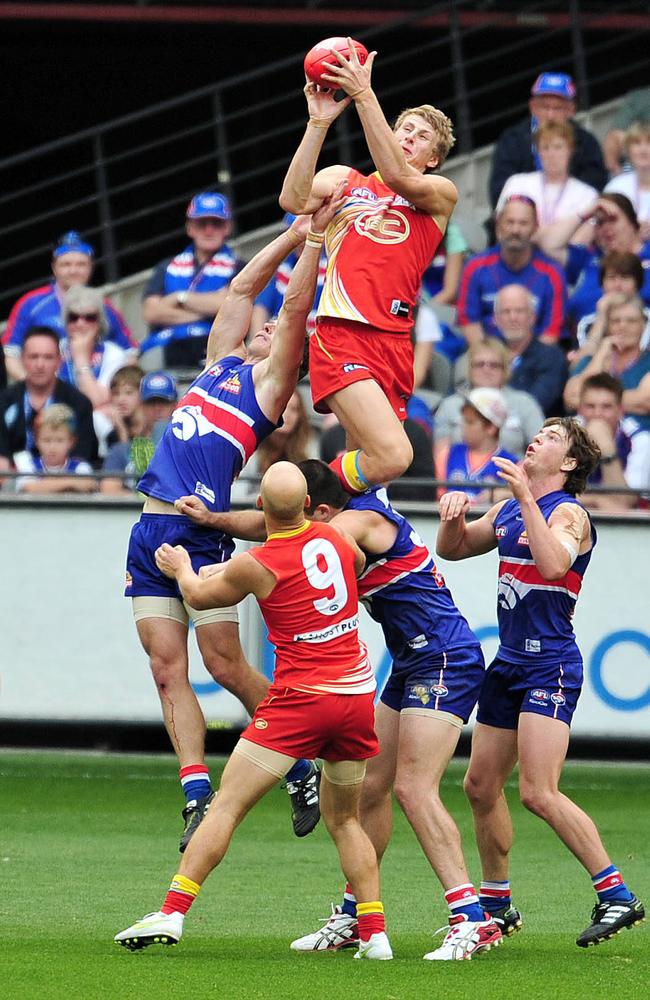 Daniel Gorringe takes a screamer against the Western Bulldogs in 2011.
