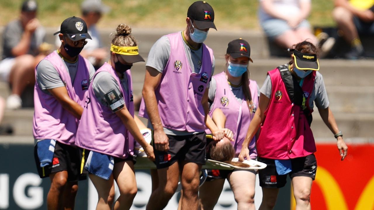 Hannah Burchell is awaiting scans after being carried from the ground on Sunday. Picture: Getty Images