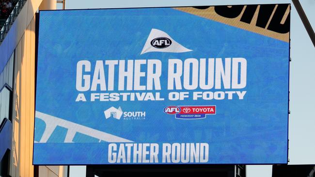 ADELAIDE, AUSTRALIA – APRIL 04: Gather Round signage is seen during the 2024 AFL Round 04 match between the Adelaide Crows and the Melbourne Demons at Adelaide Oval on April 04, 2024 in Adelaide, Australia. (Photo by Dylan Burns/AFL Photos via Getty Images)