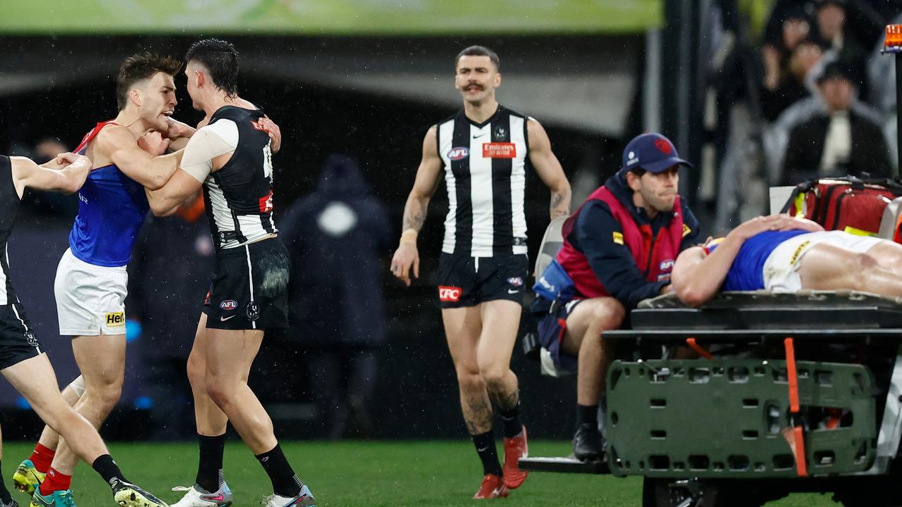 Jack Viney remonstrates with Brayden Maynard after the hit. (Photo by Michael Willson/AFL Photos via Getty Images)