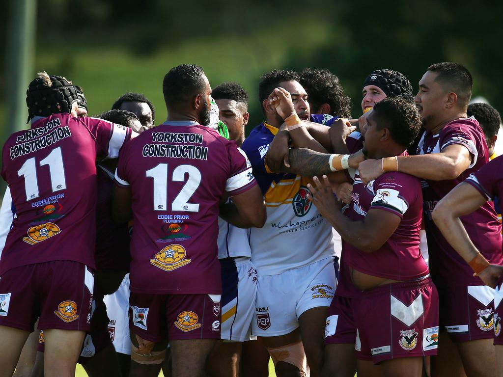 Tempers boiled over on several occasions in the Cairns and District Rugby League (CDRL) match between, the Edmonton Storm and the Yarrabah Seahawks, held at Peterson Park, Edmonton. Picture: Brendan Radke