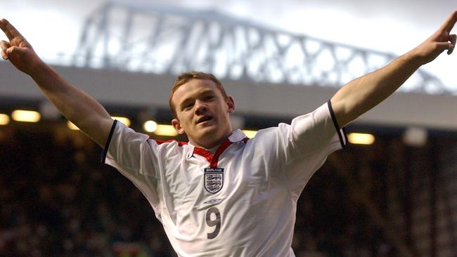 Wayne Rooney celebrates a goal against Denmark in 2004.