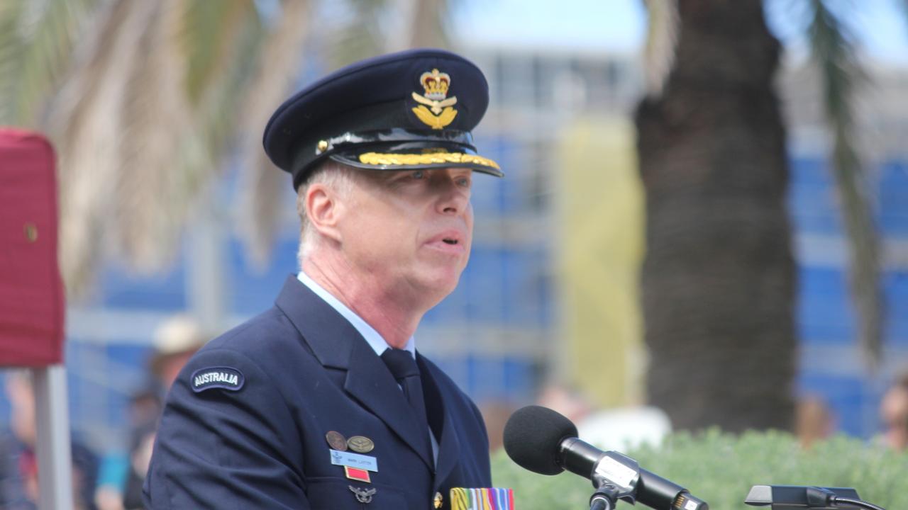 Group Captain Mark H Larter CSC addressed the crowds at Cleveland’s Anzac Day service, 2019. Picture Andrea Macleod 