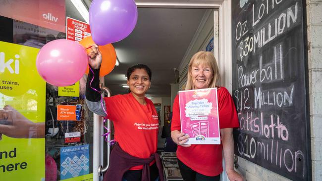 Drysdale Newsagent owner Sashi Sunnam and staff member Leanne O’Dowd celebrating a $100,000 Scratch and Win. Picture: Brad Fleet