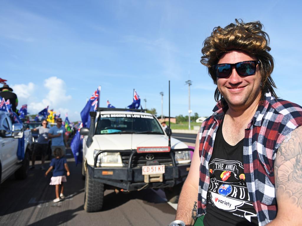 Pat Hanley in his Australia Day bogan costume at Hidden Valley for the annual Variety NT Australia Day Ute run. Picture: Che Chorley