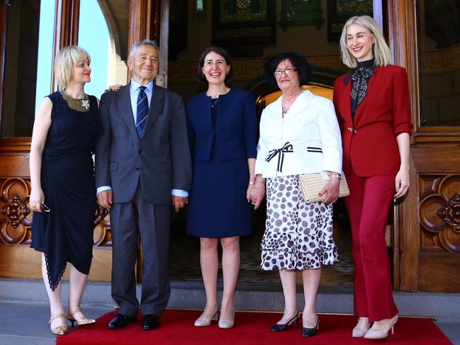 Gladys Berejiklian poses with her parents Krikor and Arsha and sisters Rita and Mary the day she is sworn in as NSW Premier in January 2017. Picture: Britta Campion