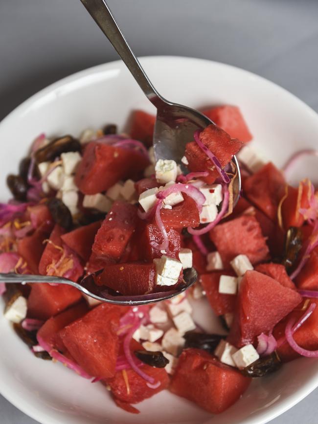 Watermelon salad with onion, mint and feta. Picture: Dannika Bonser