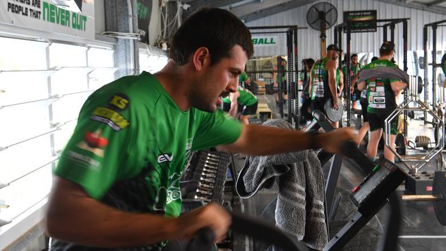 First Look: Blackhawks Squad Training. Josh Abbott on the assault bike. Picture: Evan Morgan