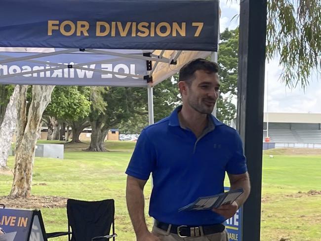 Suspended councillor Ryan Bayldon-Lumsden campaigning at Runaway Bay on the first day of pre-poll at the 2024 Gold Coast City Council election. Picture: Paul Weston.