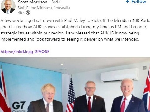 Scott Morrison waited until right before his successor spoke at the National Press Club to make a self-promotional post. Credit: LinkedIn