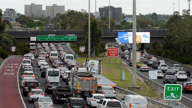 Morning traffic builds in Melbourne. Picture: Andrew Henshaw