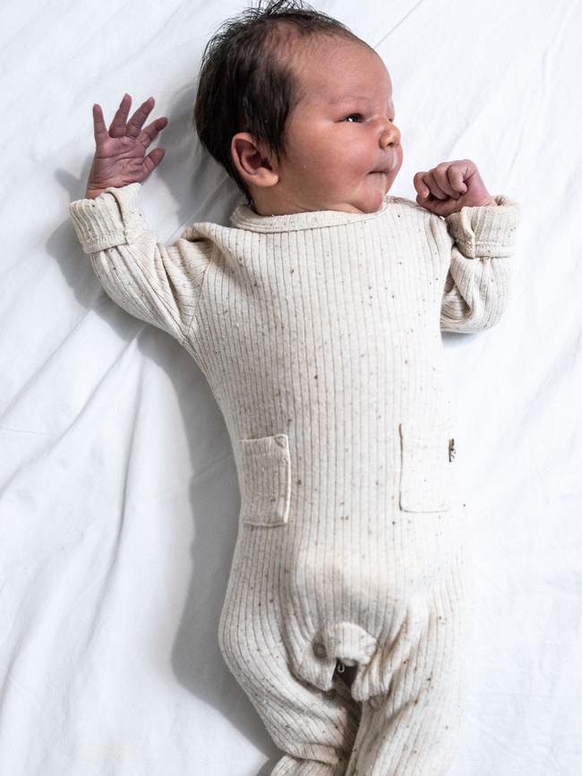 Max Tesoriero was born at Epworth Freemasons a bit less than a fortnight ago. But by the time he’s three Australia’s gross debt is predicted to balloon above $1 trillion. Picture: Jake Nowakowski