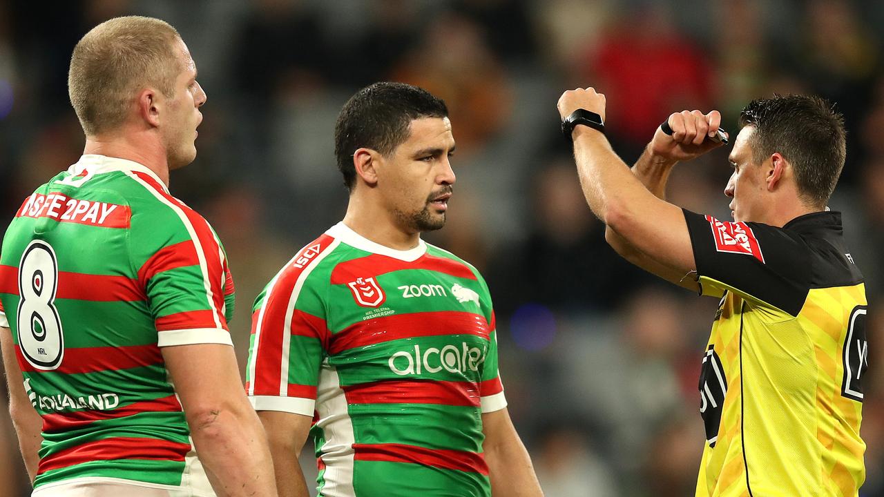 Rabbitohs prop George Burgess is put on report by referee Adam Gee on Thursday at Bankwest Stadium.