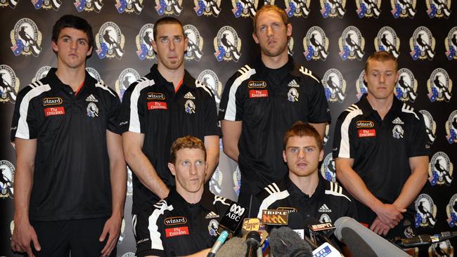 Collingwood’s leadership group front a press conference after Heath Shaw was involved in a drunken car crash.