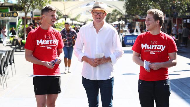 Matt McGirr, Labor candidate Tim Murray and Richards Woods campaigning at Bondi Junction yesterday. Picture; Hollie Adams