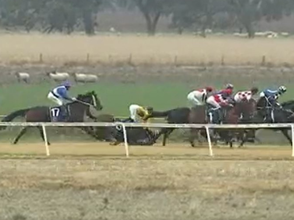 The 26-year-old’s horse collapsed just moments after the start of the race on Monday afternoon. Image: NSW Racing