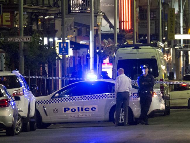 28/11/16. Scene at Hindley St shooting overnight. police cars man shot by police. Picture Scott Oates