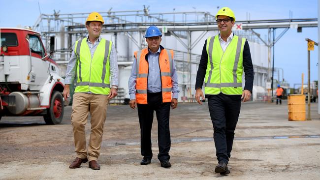 Steven Marshall at Kingston Estate winery with local member Tim Whetstone and winemaker Bill Moularadellis in the Riverland this week. Picture: Naomi Jellicoe