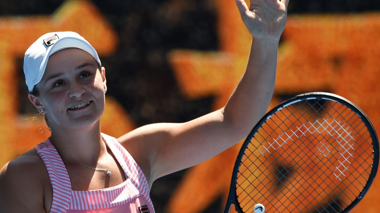 Australia's Ashleigh Barty celebrates her victory against Russia's Maria Sharapova.