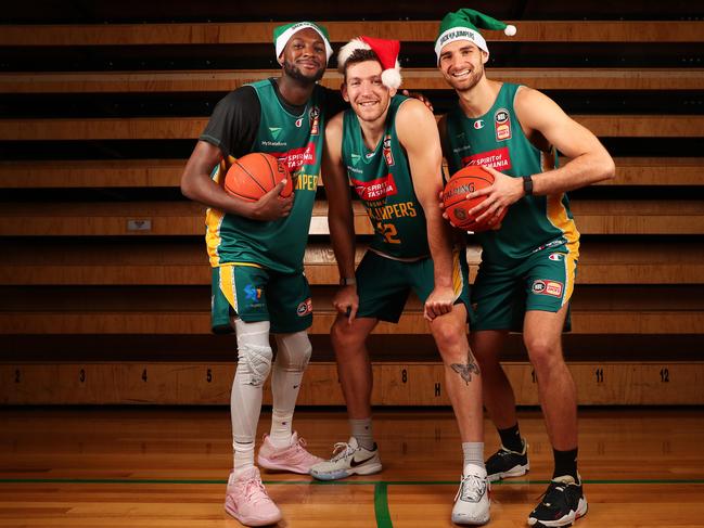 Milton Doyle, Will Magnay and Jack McVeigh from the Tasmania JackJumpers. Picture: Nikki Davis-Jones