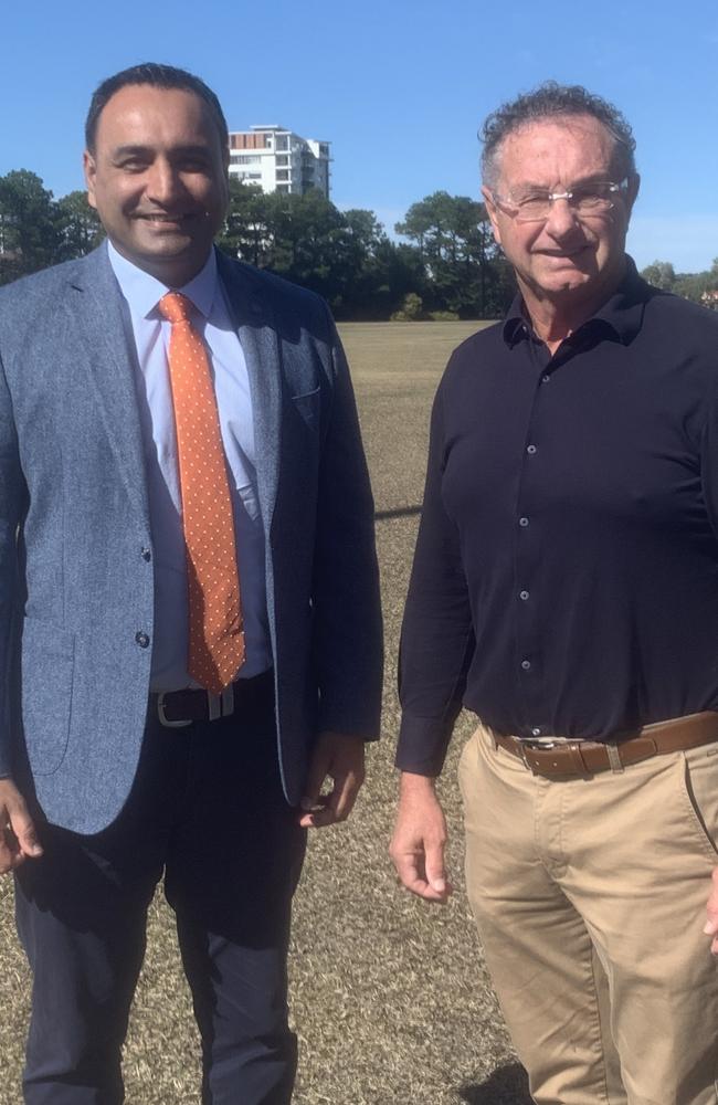 Coffs Harbour MP Gurmesh Singh with mayor Paul Amos at the York Street Oval upgrade announcement in August. Picture: Matt Gazy