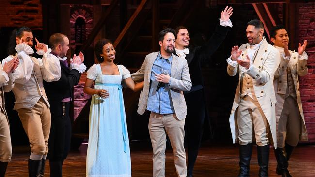 Lin-Manuel Miranda, centre, on stage with the Hamilton cast at QPAC in Brisbane on Saturday night.