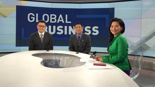 Anchor for China Central TV’s Global Business program, Cheng Lei (right) and her colleagues.