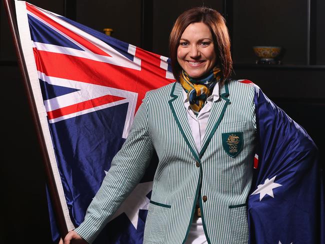 MELBOURNE, AUSTRALIA - JULY 06: Australian athlete Anna Meares poses at the Stamford Plaza during a portrait session after being announced as the Australian flag bearer for the Opening ceremony of the 2016 Rio Olympic Games, on July 6, 2016 in Melbourne, Australia. (Photo by Michael Dodge/Getty Images for AOC)