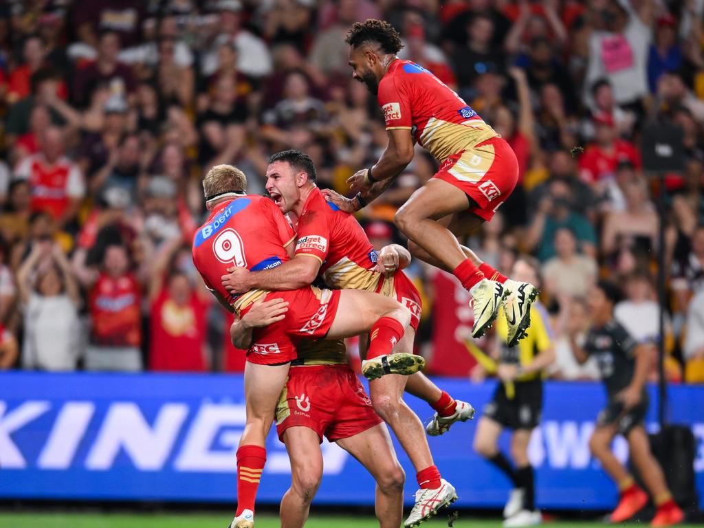 The Dolphins celebrate a Herbie Farnworth try. Picture: NRL Photos