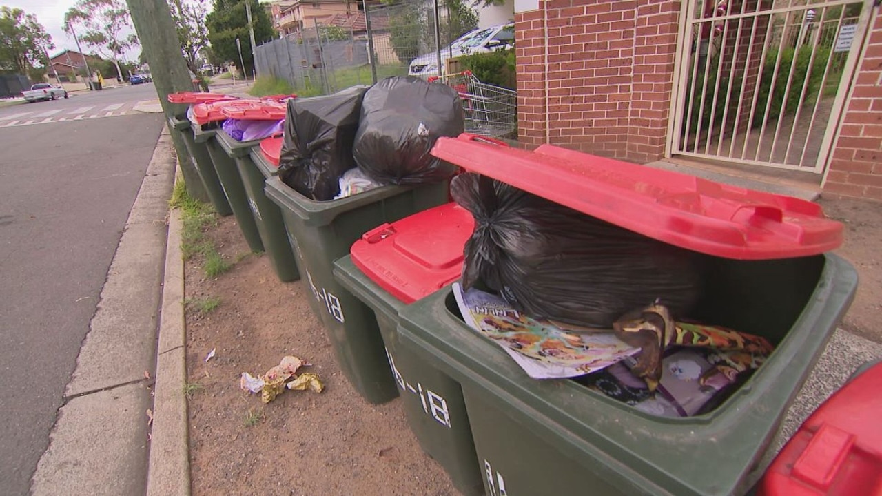 Industrial action means rubbish bins across western Sydney are going uncollected. Picture: Nine News