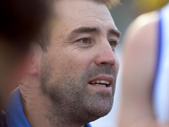 EFL Division 1 football: East Ringwood v Montrose at East Ringwood Reserve. East Ringwood coach Marcus Buzaglo with his players at 3/4 time. Picture:AAP/ Chris Eastman