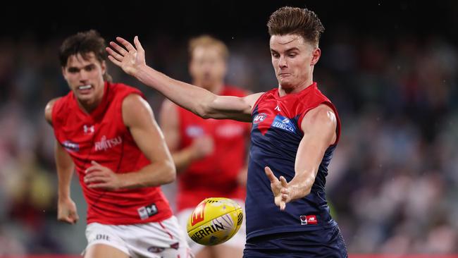 Melbourne forward Bayley Fritsch has a lethal left boot. Picture: Sarah Reed/AFL Photos via Getty Images