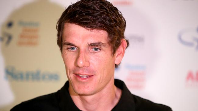 Winner of the 2019 Tour Down Under Daryl Impey speaks to the media during a press conference in Adelaide. Picture: AAP Image/Kelly Barnes.