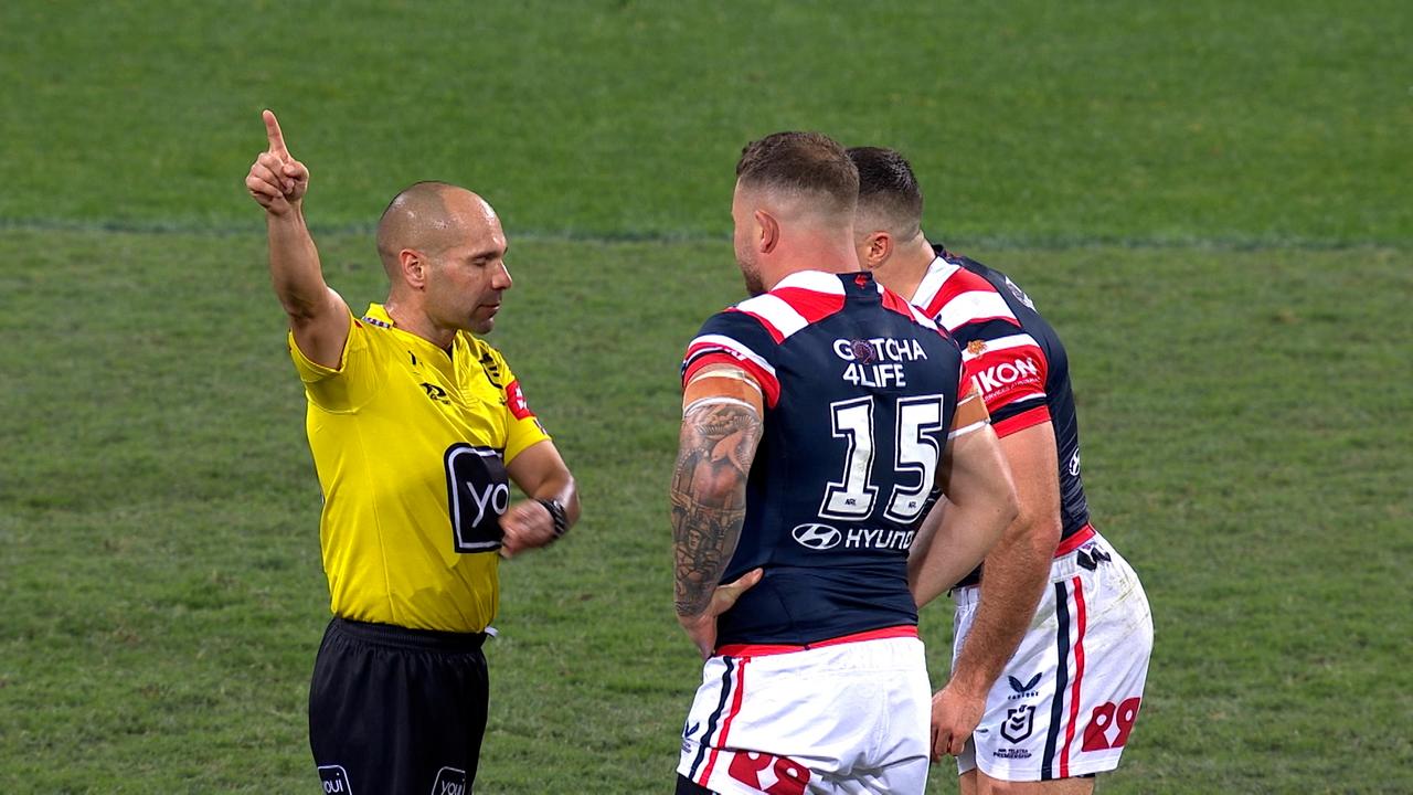 Sydney Rooster Nathan Brown was sent off for a high shot on Manly’s Ben Trbojevic.