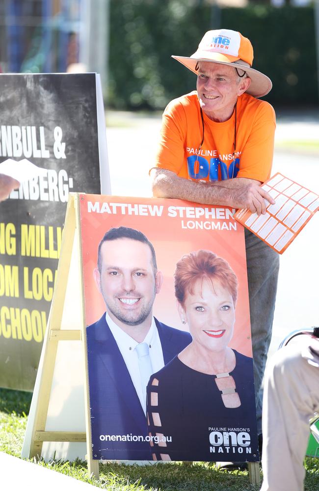 Former One Nation Senator Malcolm Roberts hands out how to vote cards. Picture: Lachie Millard