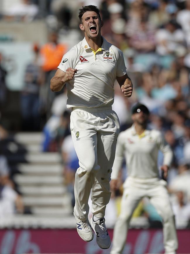 Mitch Marsh celebrates after taking the wicket of Ben Stokes. Picture: Getty Images