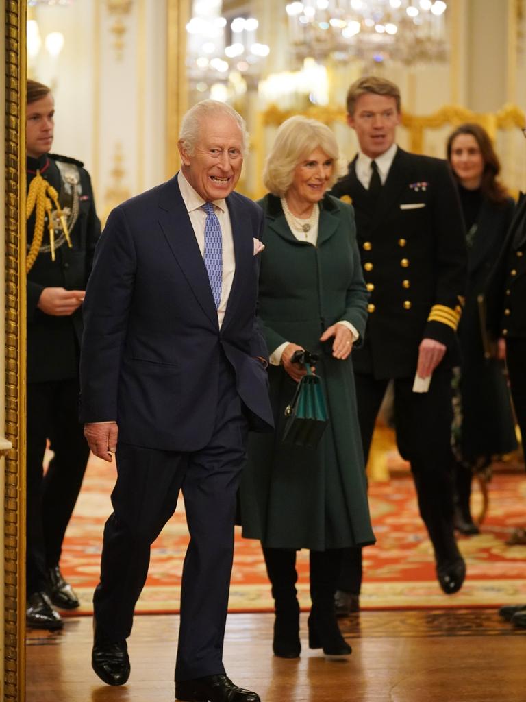 King Charles III and Queen Camilla arrive to listen as The Military Wives Choirs. Picture: Getty Images