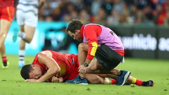 Steven May suffered an ankle injury in the last quarter. Picture: Getty