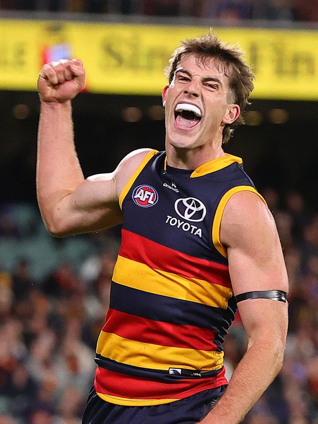 Billy Dowling celebrates a goal during the game against the Giants. Picture: Sarah Reed/AFL Photos via Getty Images